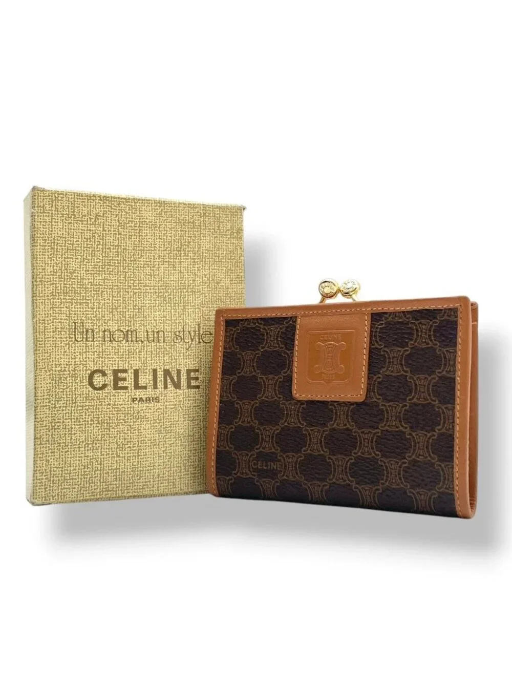 Celine Macadam Pattern Kiss Lock Bifold Wallet Vintage Mini Leather Brown Gold